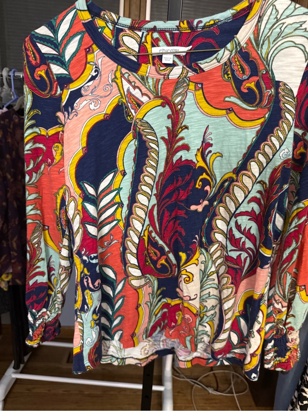 Chico's Multicolor Paisley Long Sleeve Top - Navy, Coral & Mint size 1